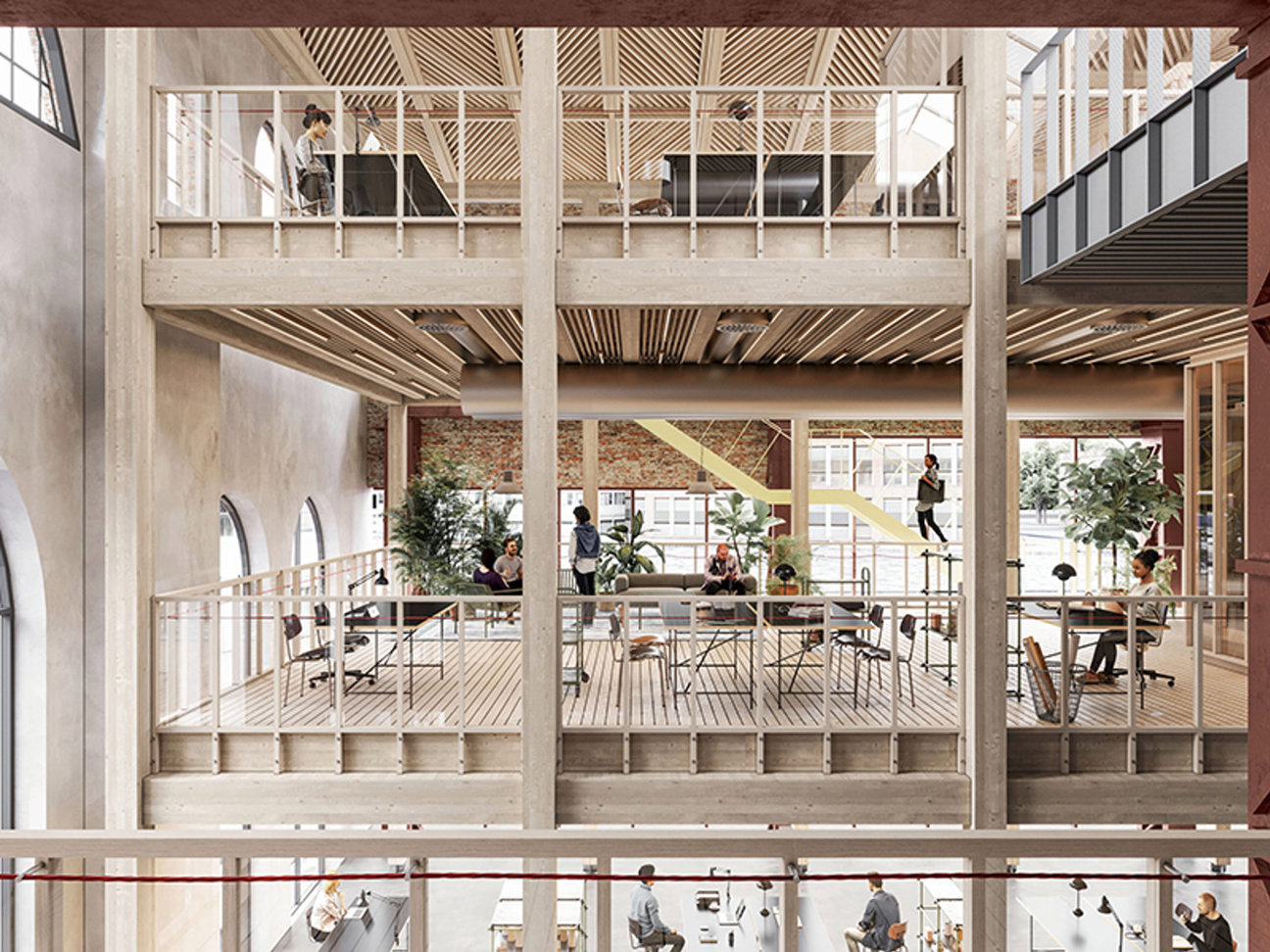 Illustration av ett flervånings-byggnadsinteriör med räcken, växter och personer på olika våningar.