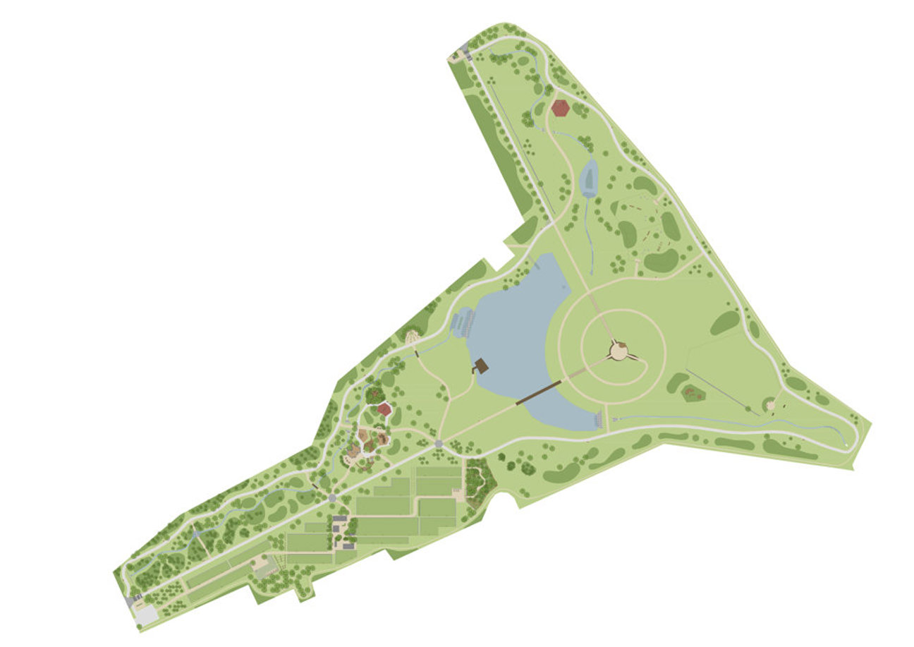 Karta över en park med grönområden, stigar, sjö och byggnader.