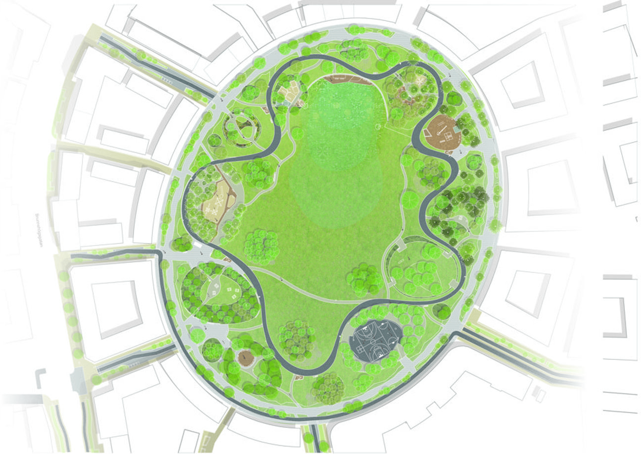 En karta över en park med gröna områden och vägar.