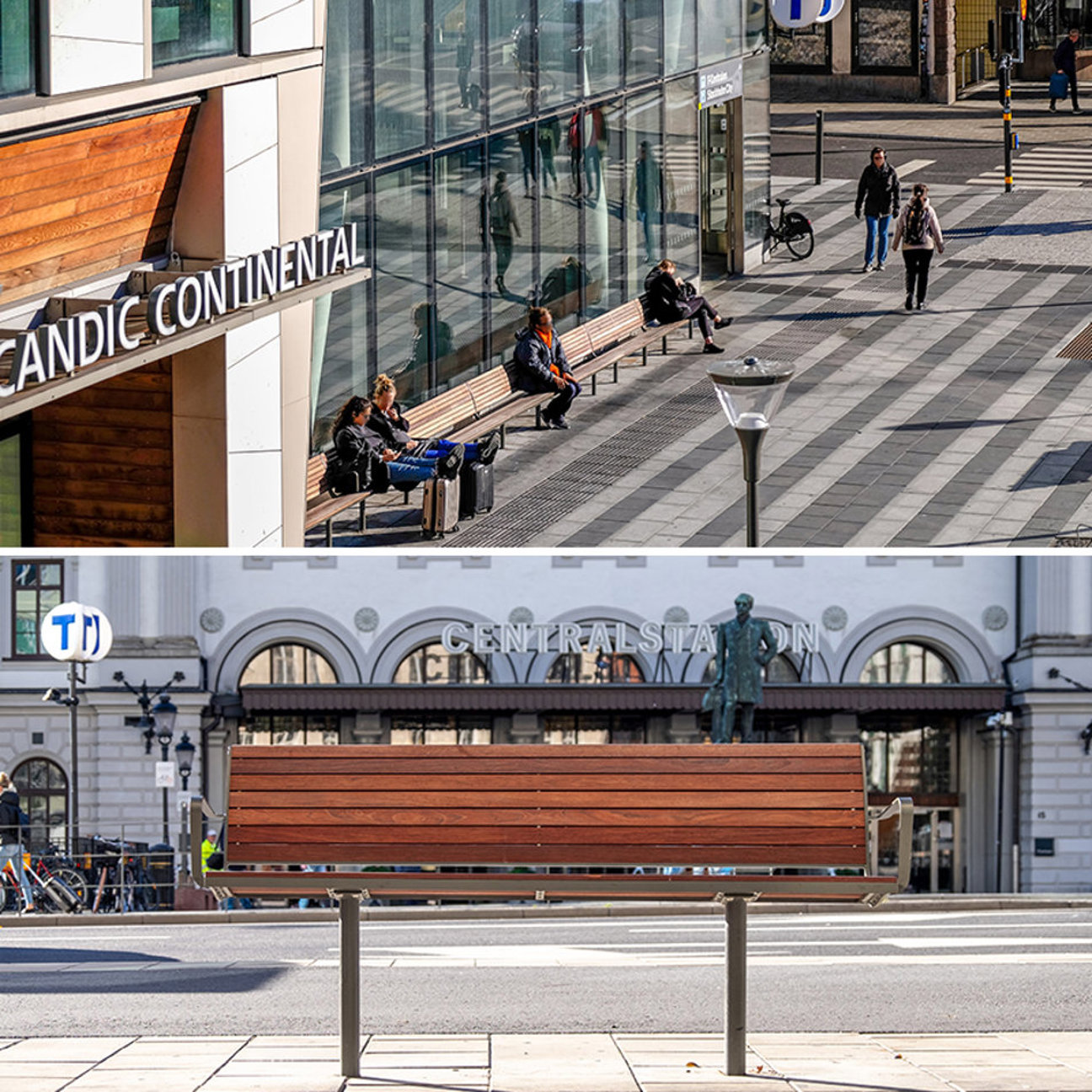 Två delar: Överst Scandic Continental-byggnad med sittande och gående personer vid bänkar, nertill Centralstation med bänk och staty.