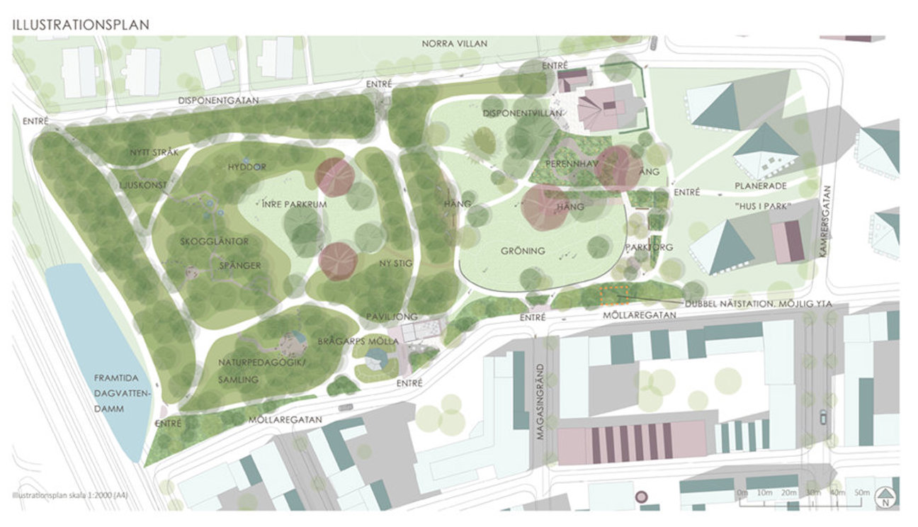 Illustrationsplan med parkområden, vägar och byggnader.