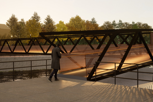 Illustration av en metallbro med räcken över vatten. Tre personer står och går på en trottoar bredvid bron. Träd och en byggnad syns i bakgrunden vid dagsljus.