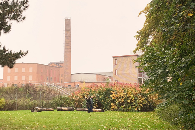 En byggnad med hög skorsten omgiven av träd och gräs, två personer står vid timmerstockar.