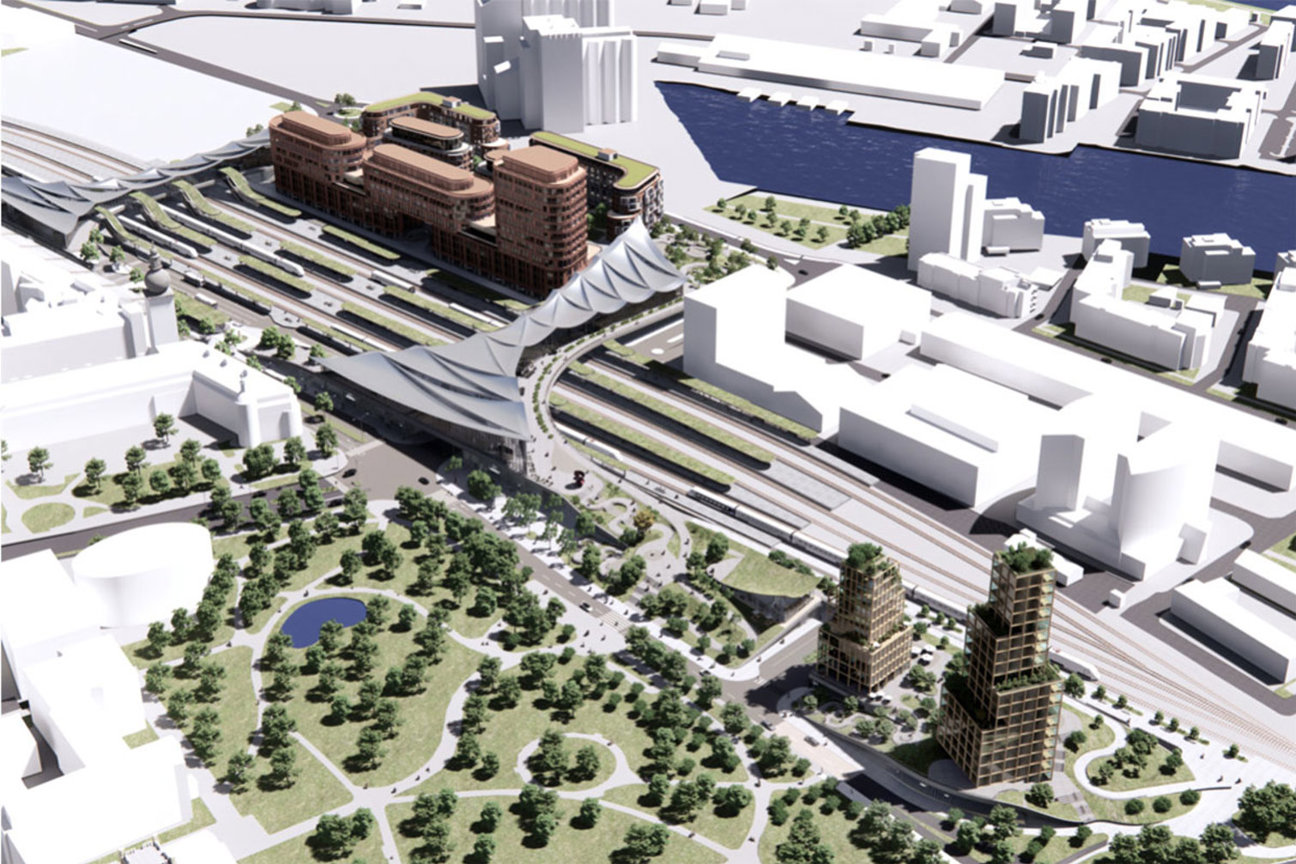 3D-illustration av stadsområde med byggnader, park och vattendrag.