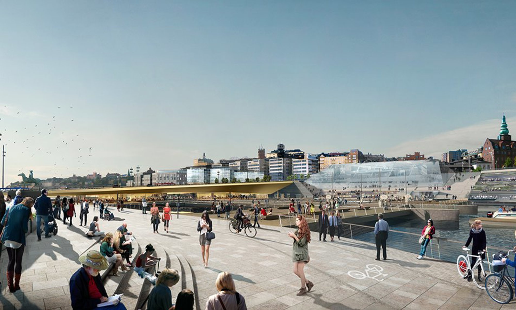 Stadslandskap vid vatten med människor, cyklar och byggnader under klar himmel