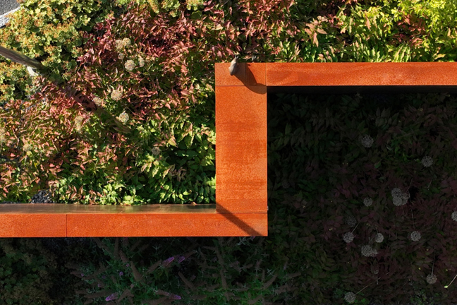 Överkant av gröna och rödbruna växter med bruna metallstrukturer och del av asfaltväg i hörnet.