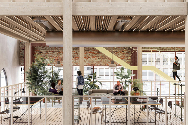 Illustration av öppet kontorsutrymme med träbalkar, stora fönster, växter och personer.