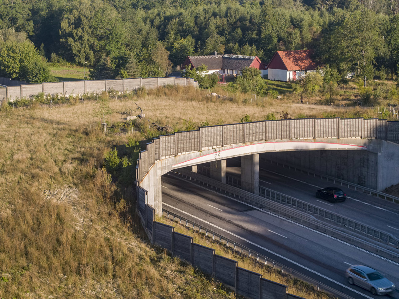 En motorväg med en bro över, bilar, gräs och hus omgivna av skog.