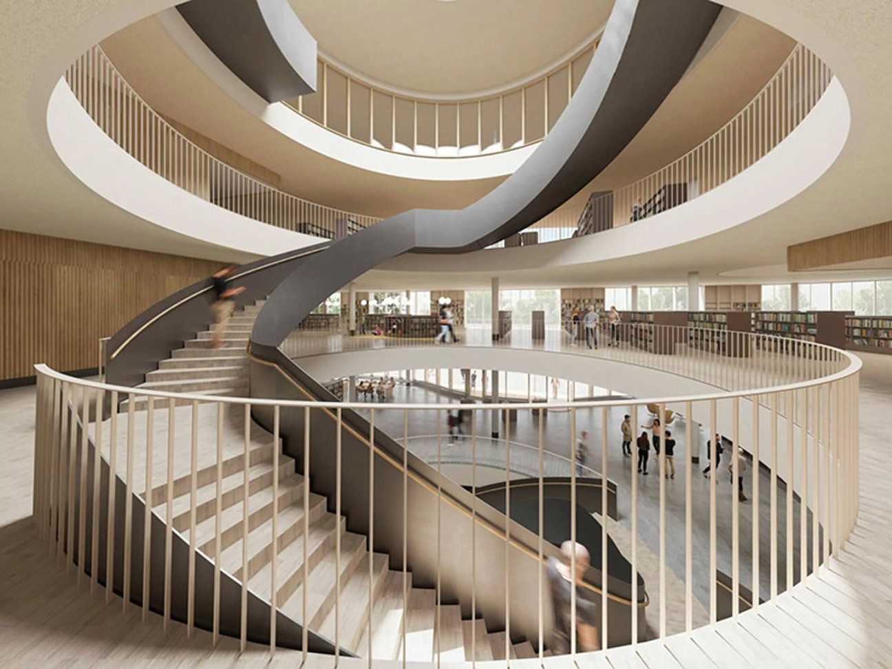 Cirkulär spiraltrappa i en modern byggnad med flera våningar och öppen planlösning.