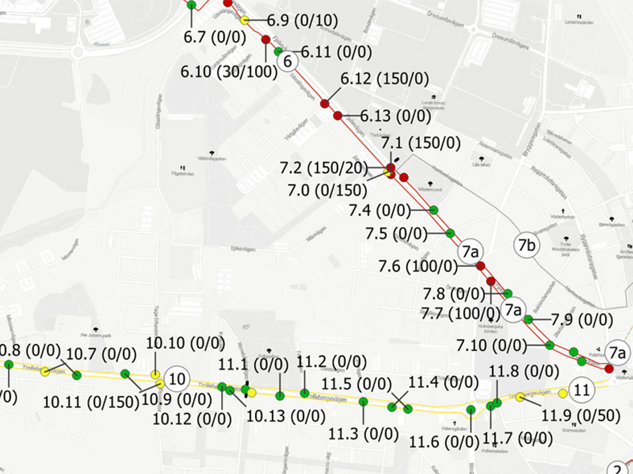 Karta med numrerade punkter och rutter.