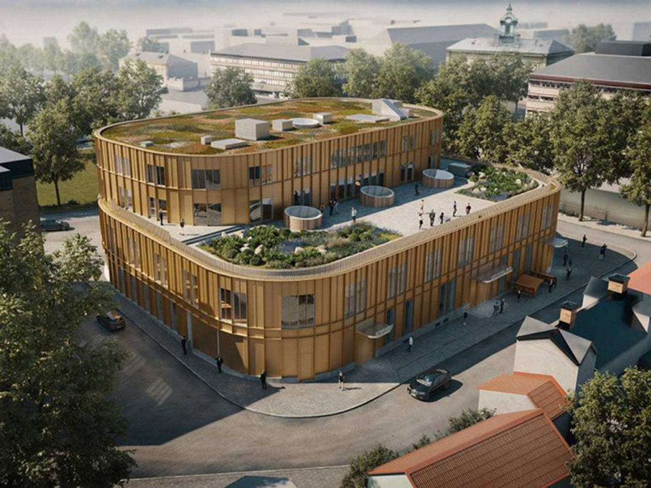 Illustration av en cirkulär byggnad med grönt tak och människor i gatan.