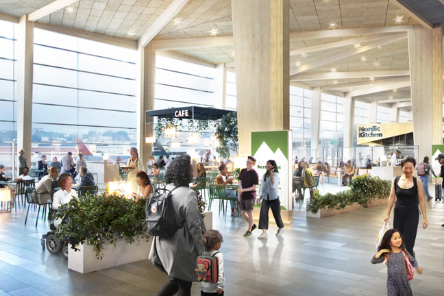 Illustration av en flygplats-terminal med butiker, caféer och flera människor.