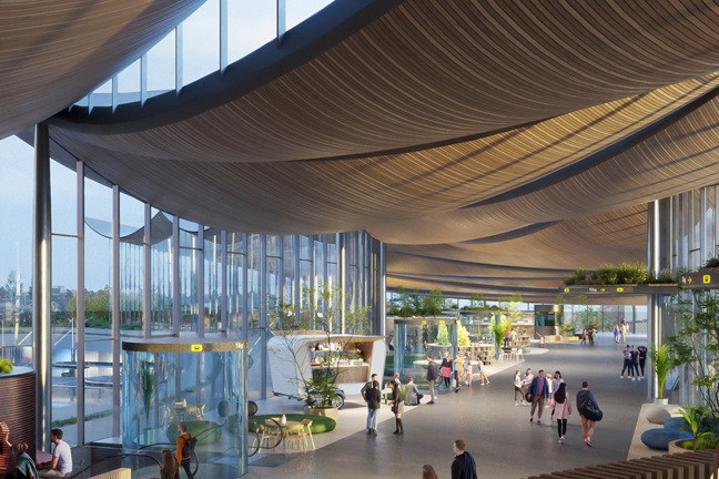 Illustration av en modern byggnadsinteriör med böjda tak, stora fönster och en juice & coffee-bar med människor.